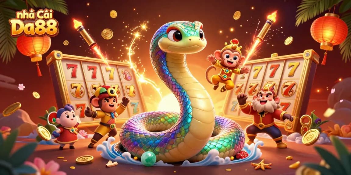 Engage with thrilling games at Nhà Cái Da88 featuring a vibrant casino scene with playful characters.