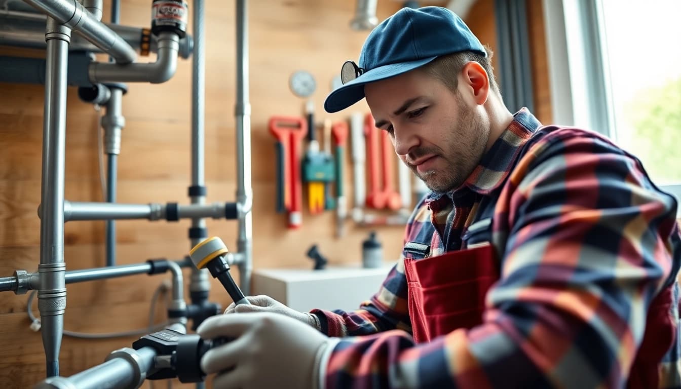 Experienced plumber west vancouver repairing pipes with essential tools in a bright setting.