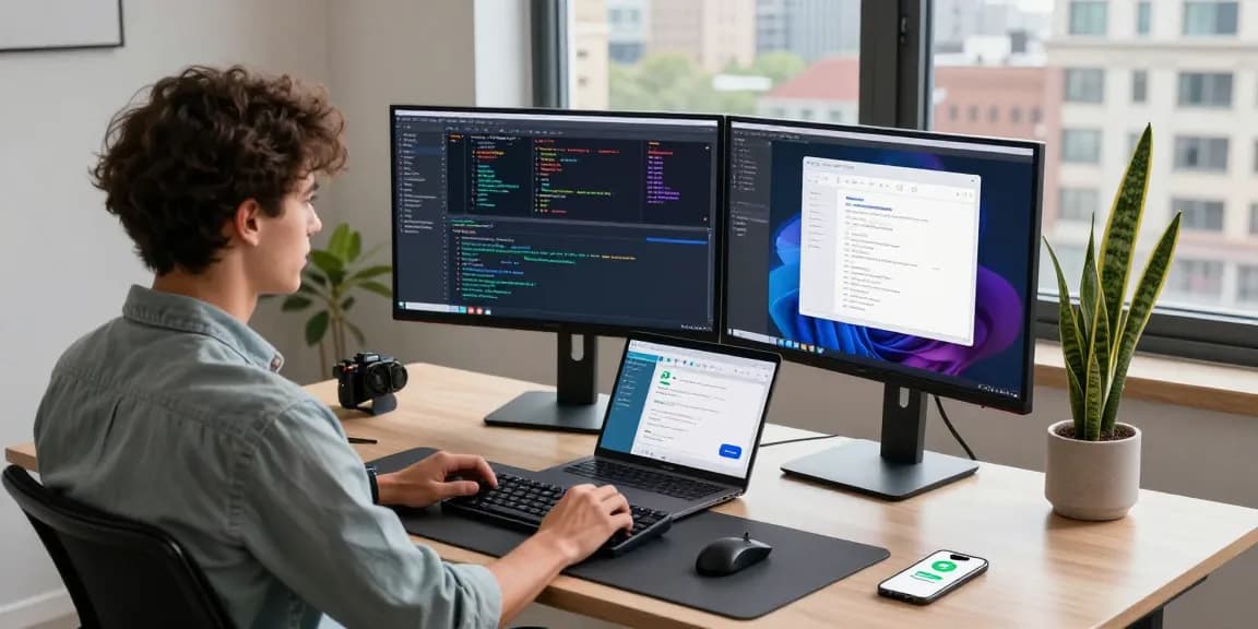 快连 software development environment with a developer at a modern desk, dual monitors displaying code.