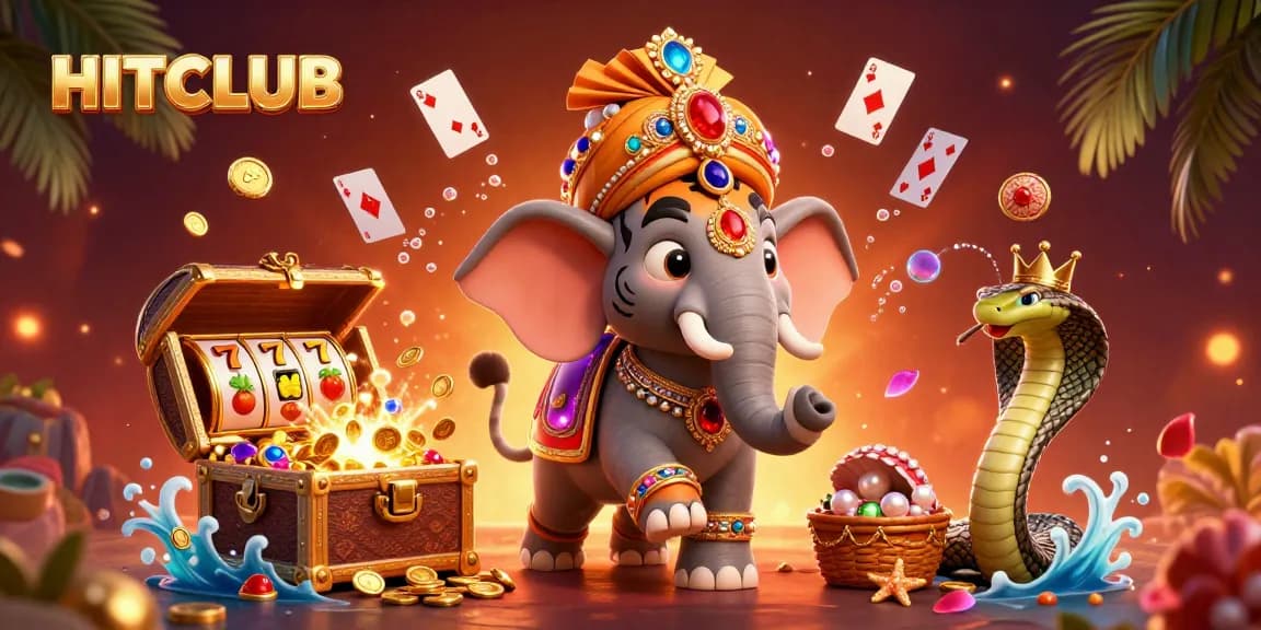 Experience the thrill of HITCLUB slots with a vibrant 3D carnival scene featuring a maharaja tiger, elephants, and treasures.