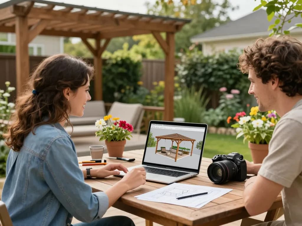Couple using Pergola Configurator Software on a laptop in their garden, visualizing their custom pergola.
