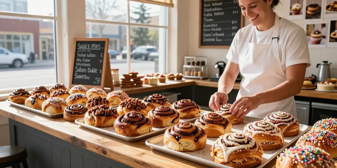 Fresh cinnamon buns on display in a Calgary bakery, showcasing Dessert Calgary delights.