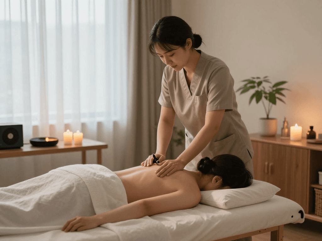 Experience 천호동출장마사지 in a peaceful home setting with a professional therapist providing soothing care.