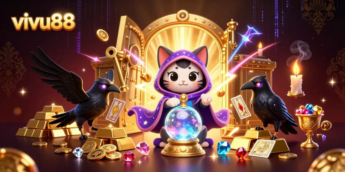 Experience vivid adventures with vivu88 in an immersive casino illustration featuring mystical characters and treasures.