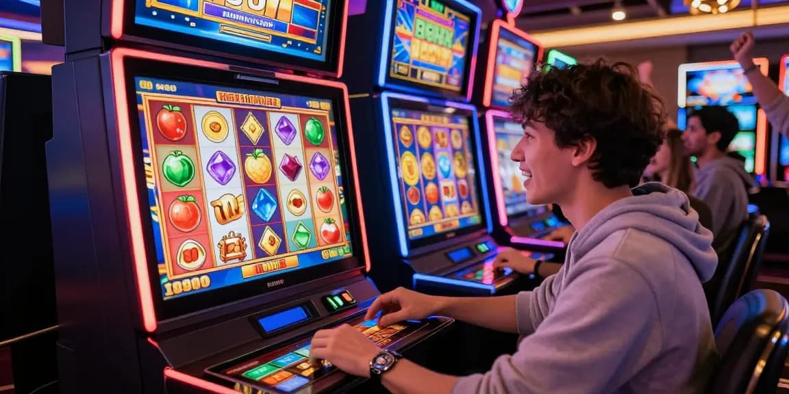 Excited player enjoying rokok88 slot login on a vibrant gaming device amid colorful graphics and animations.