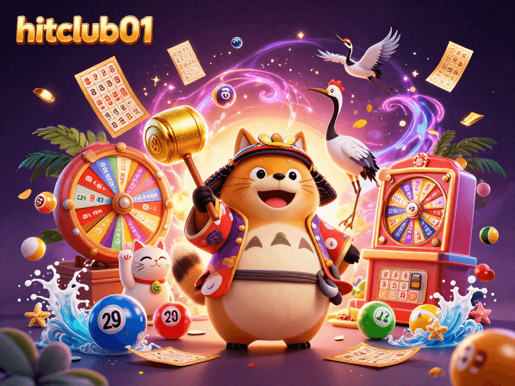 Experience the vibrant excitement of hitclub01 with a cheerful tanuki, maneki-neko cats, and colorful lottery elements in a dynamic casino setting.