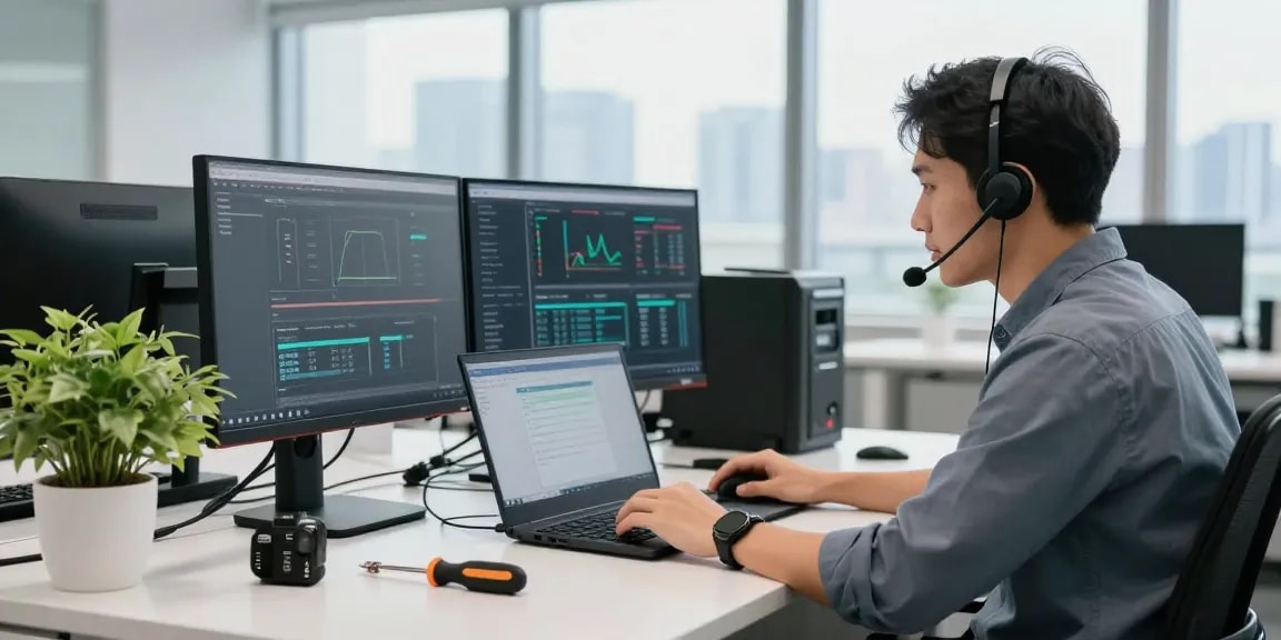 How much does IT support cost in UK? Business IT support technician resolving technical issues in modern office.