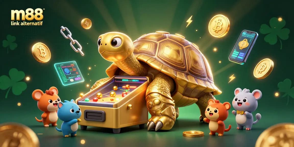 Experience thrilling gameplay at M88 link alternatif with golden tortoise and vibrant casino elements.