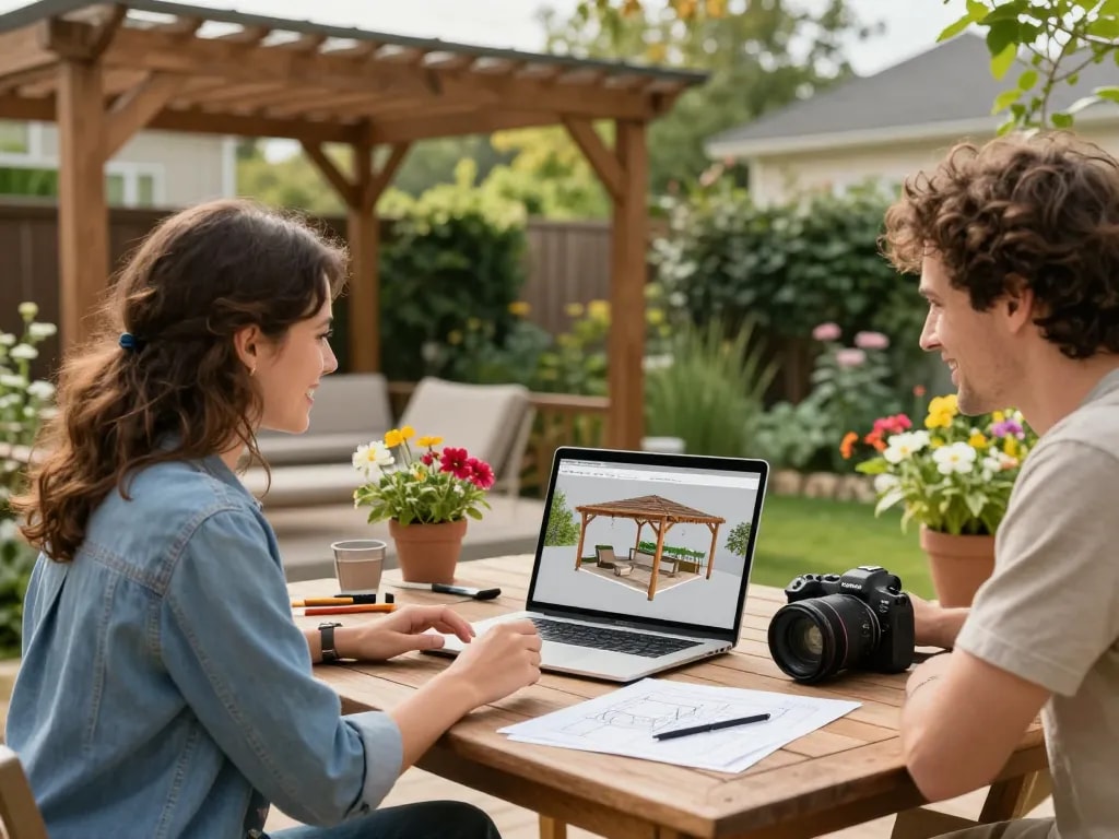 Couple using Pergola Configurator Software on a laptop in their garden, visualizing their custom pergola.