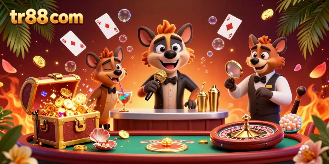 Engage at tr88 com with vibrant hyena characters in a dynamic casino scene featuring jokes, drinks, and IDs.