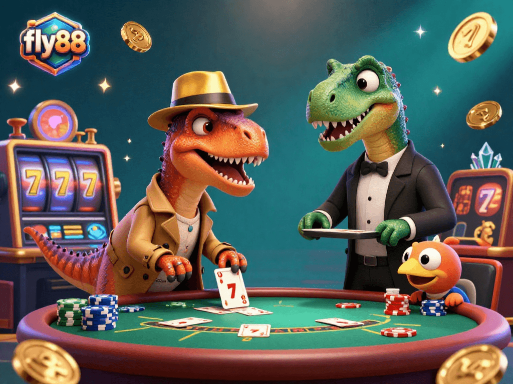Experience thrilling gaming action at fly88 with a velociraptor card counter and dynamic casino elements in an engaging 3D illustration.
