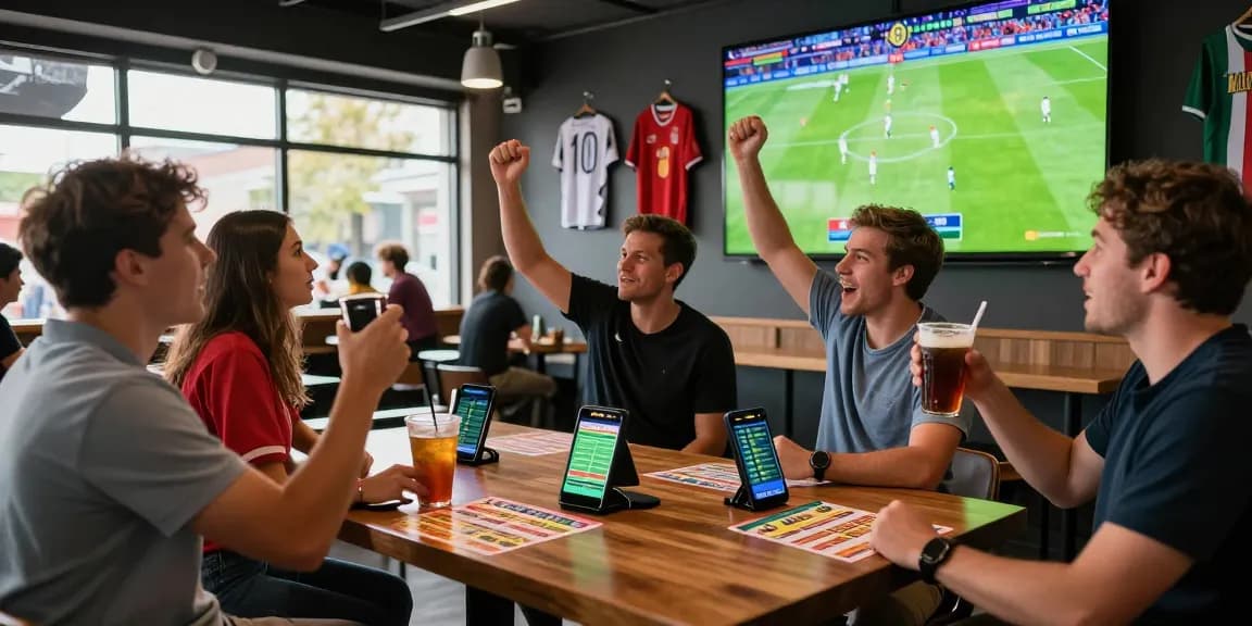Suasana taruhan sbobet88 di bar olahraga modern saat pertandingan sepak bola, teman-teman bersorak.