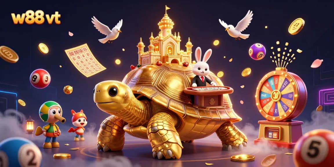 Các hoạt động cá cược tại w88 vt với hình ảnh rùa vàng khổng lồ, trò chơi hấp dẫn và tặng thưởng nổi bật.