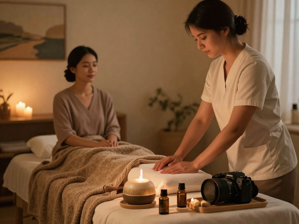 일산출장안마 offering a peaceful home massage experience with a professional therapist preparing oils and calming atmosphere.