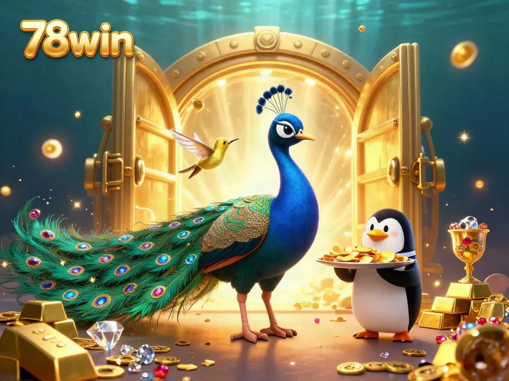 Join the excitement at 78win with a lavish casino scene, featuring distinctive characters and golden treasures.