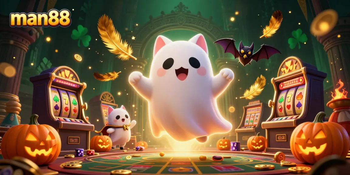 Experience thrilling gameplay with man88 as friendly ghost cat and bat in a haunted casino atmosphere.