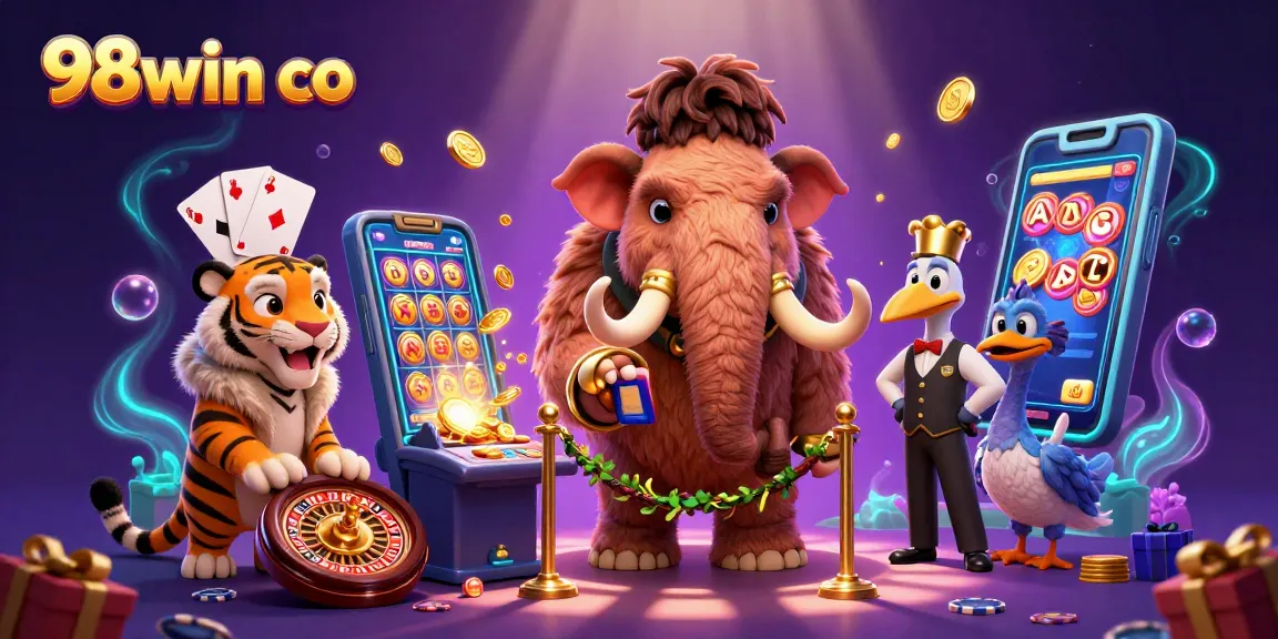 Experience the excitement at 98win co with a vibrant casino scene featuring a mammoth bouncer and VIP guest.
