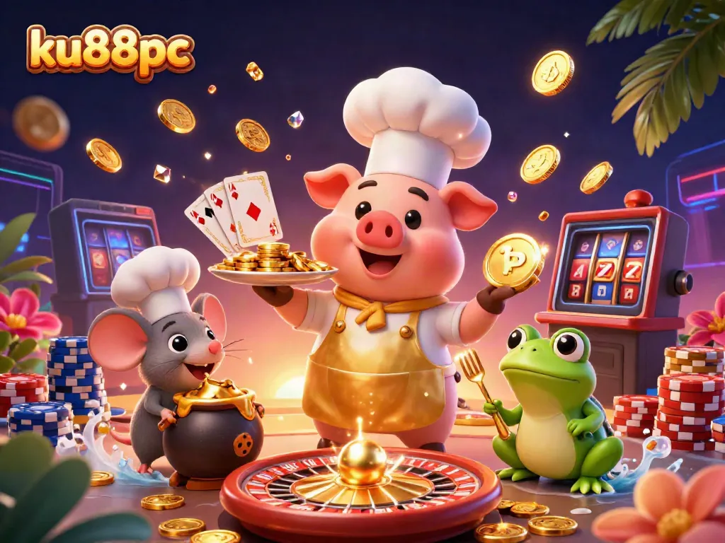 Engage with the thrilling world of ku88pc as a chef pig serves gold coins, amidst casino elements and excitement.