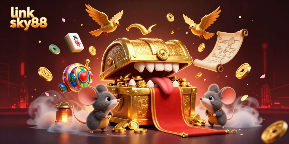 Engage with thrilling slots at link sky88, featuring vibrant 3D treasure chests and dynamic casino elements.