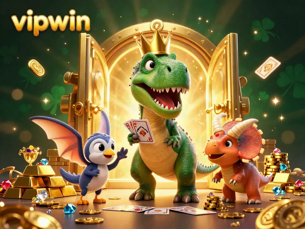 Engaging vipwin illustration featuring a playful T-Rex shuffling cards, supported by a pterodactyl and a triceratops amidst a treasure-filled casino scene.