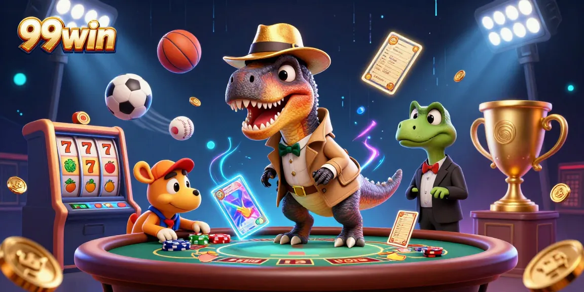 Experience the excitement of 99win with a cartoon velociraptor at a casino table