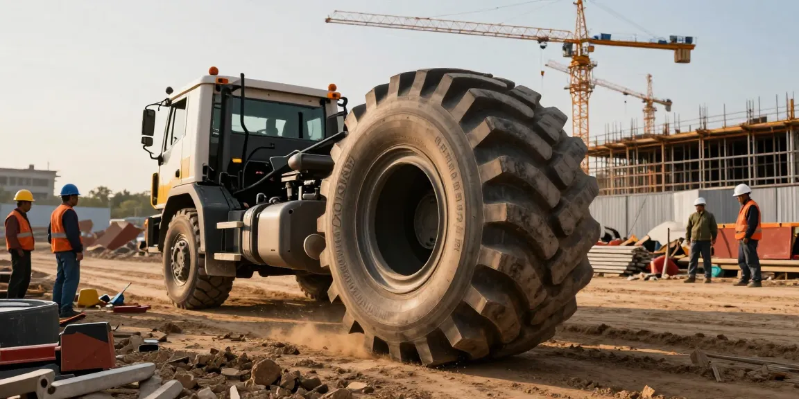 Double Coin RR99 tire navigating construction site, showcasing durability and performance in heavy industry.