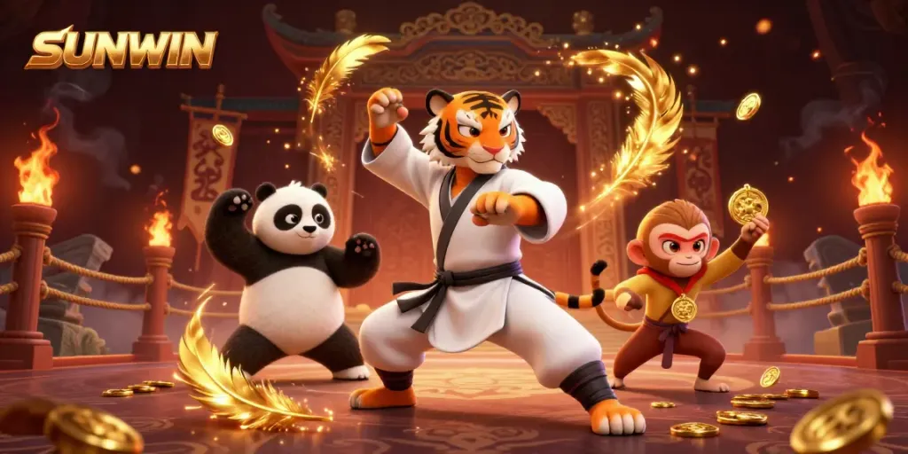 Experience thrilling gameplay at SUNWIN with a dynamic scene featuring a kung fu tiger master surrounded by gold and excitement.