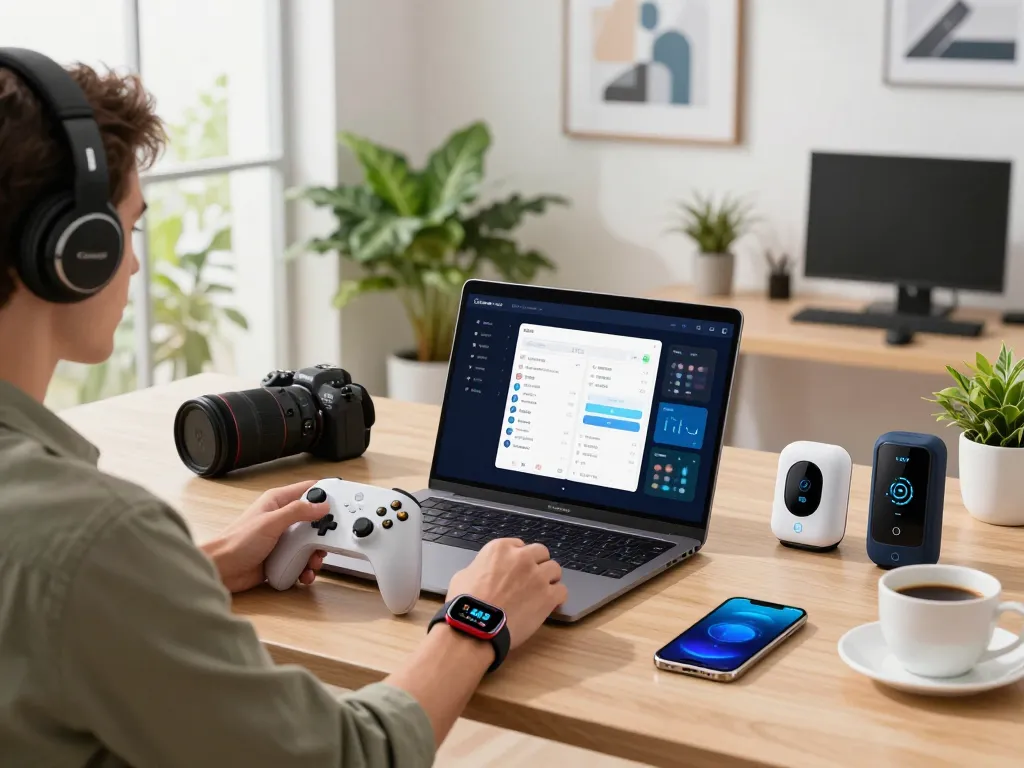 Engaged individual using smart tech gadgets in a modern workspace with Bluetooth devices.