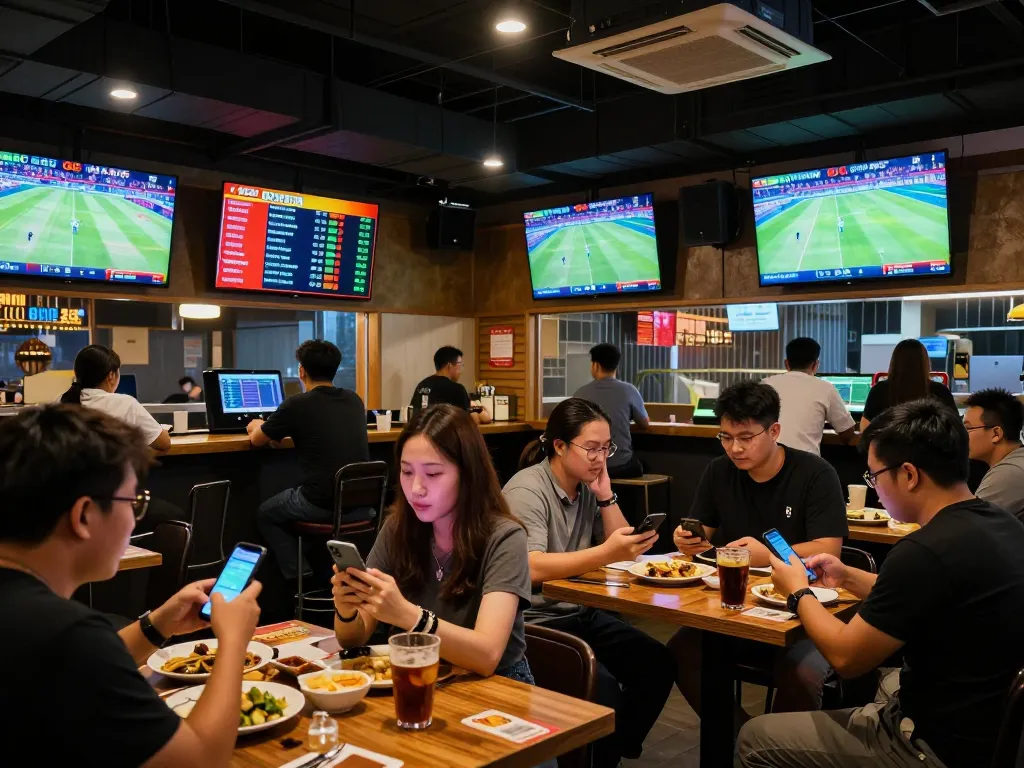 Engaged sports bettors reviewing kèo nhà cái 88 on smartphones in a lively sports bar.