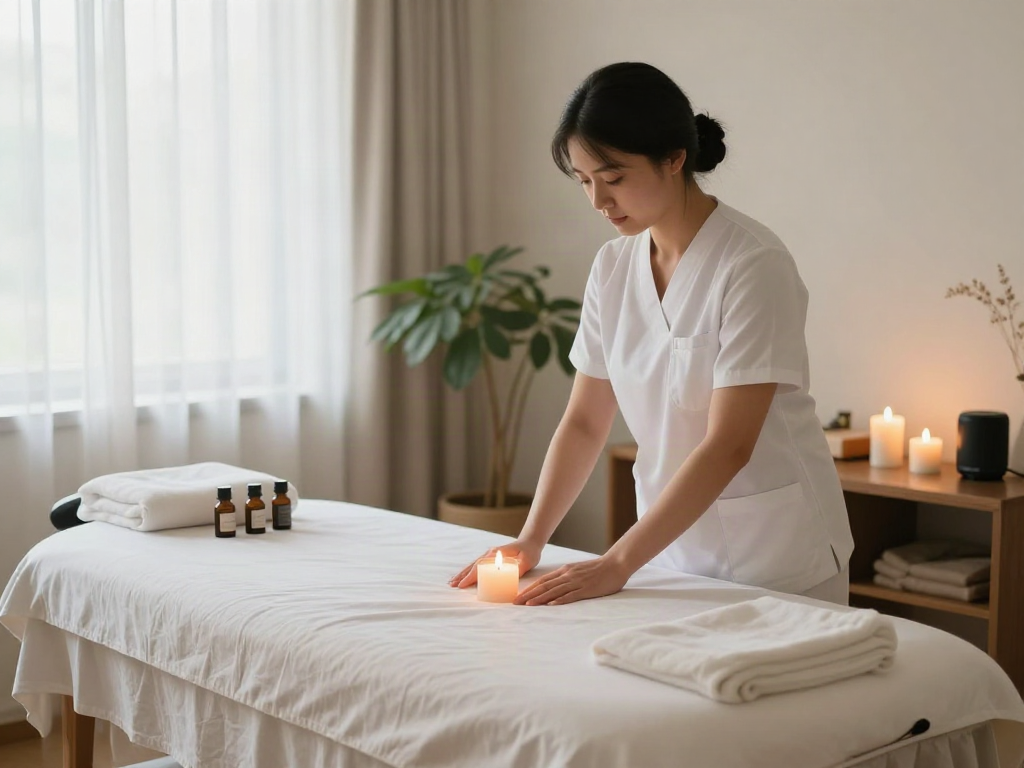 파주출장안마 service in a serene massage room with calming ambiance and professional therapist.