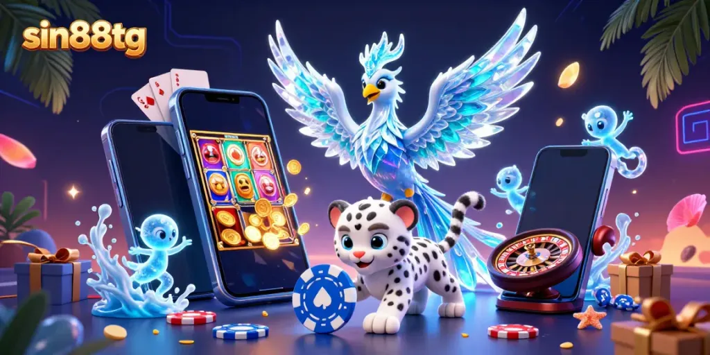 Experience thrilling gaming at sin88tg with an ice phoenix and playful characters in a vibrant casino scene.