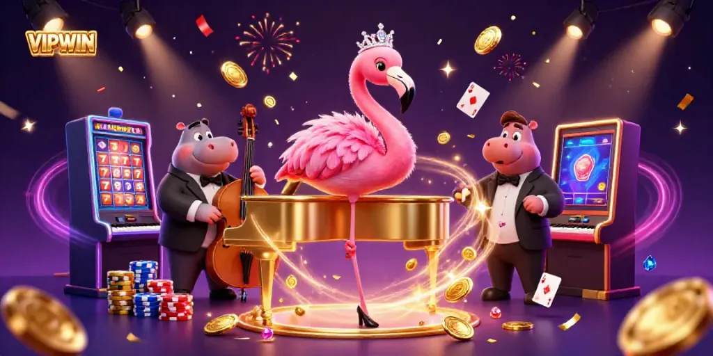 Experience VIPWIN excitement with lively characters and dynamic casino elements in a vibrant scene.
