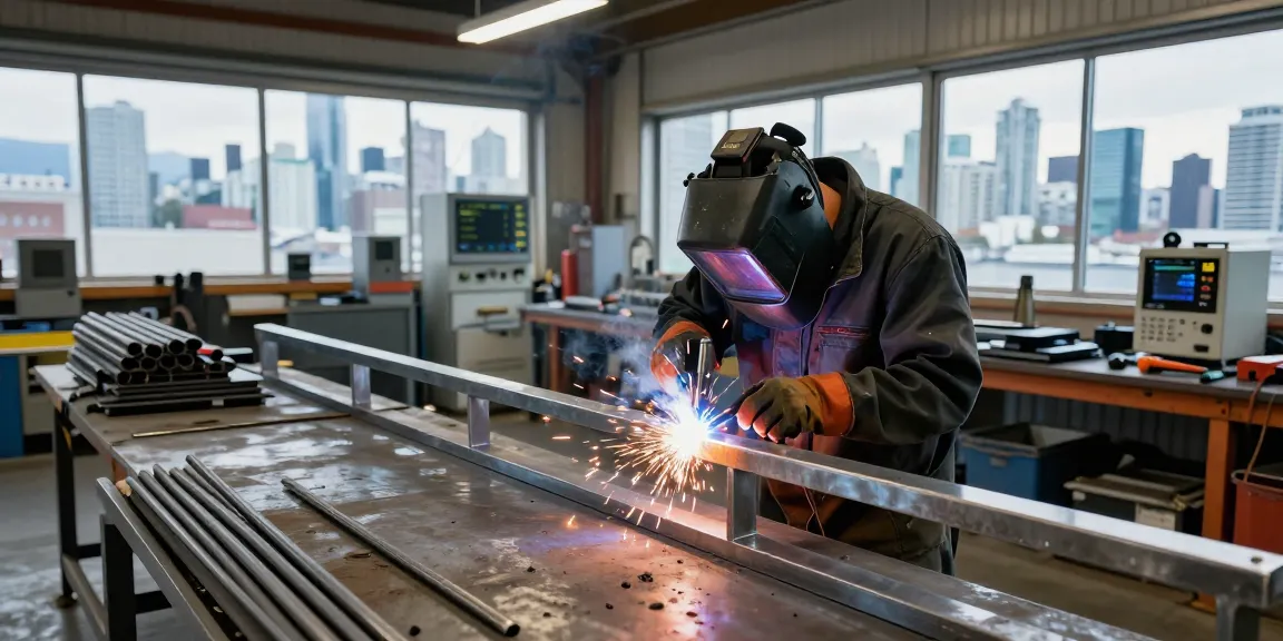 Metal fabrication Vancouver workshop with a skilled welder creating custom railings, showcasing craftsmanship and modern artistry.