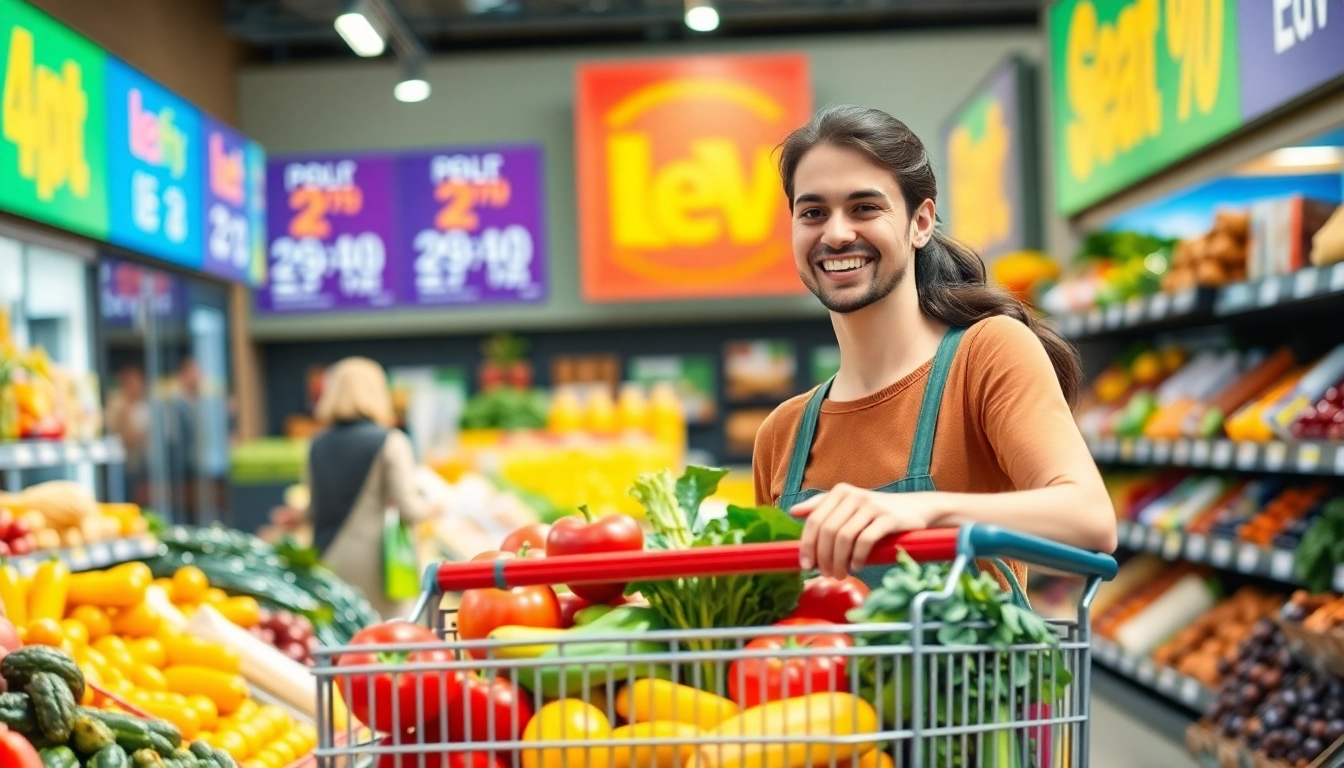 Shopper enjoying Grocery Discounts with a cart full of fresh produce in a vibrant store.
