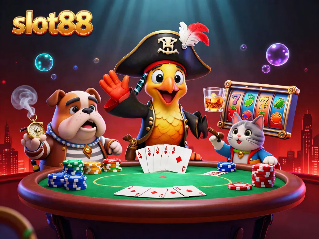 Experience thrilling action with slot88, featuring vibrant characters and casino elements in a rich 3D scene.