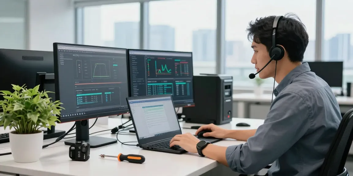 How much does IT support cost in UK? Business IT support technician resolving technical issues in modern office.