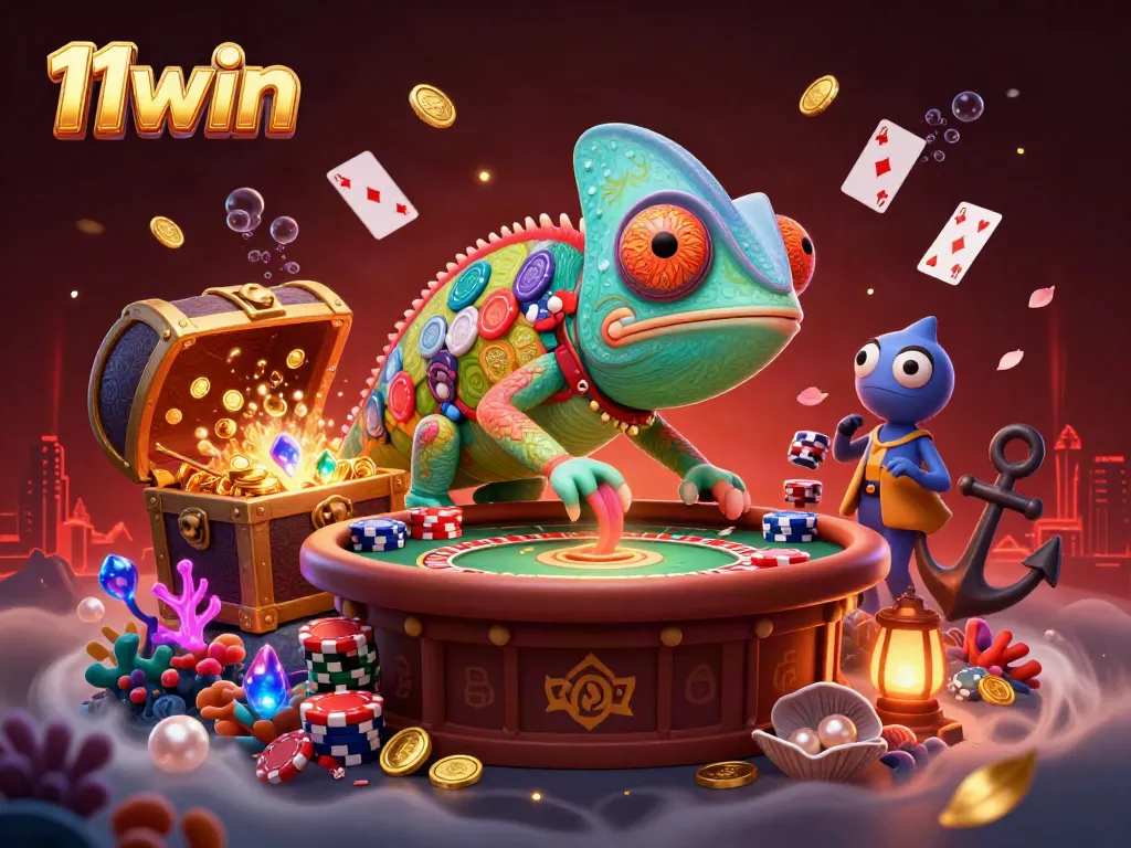 Experience thrilling gameplay with 11win's vibrant casino scene featuring a colorful chameleon and dynamic elements.
