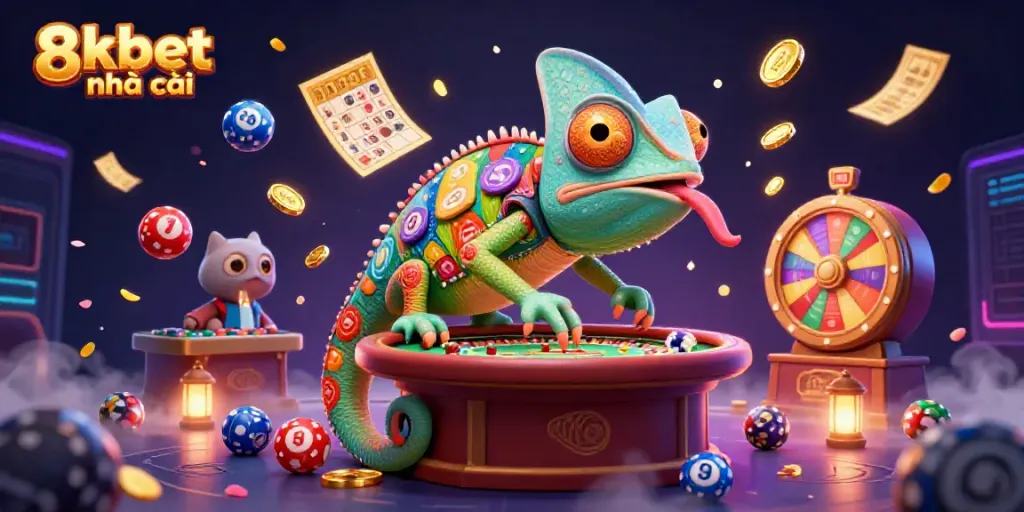 Engage with vibrant gaming elements at 8xbet nhà cái enhanced by a colorful chameleon casino owner.
