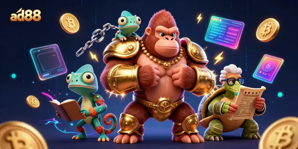 Engage in thrilling gameplay with ad88, featuring vibrant casino characters and exciting gaming elements.