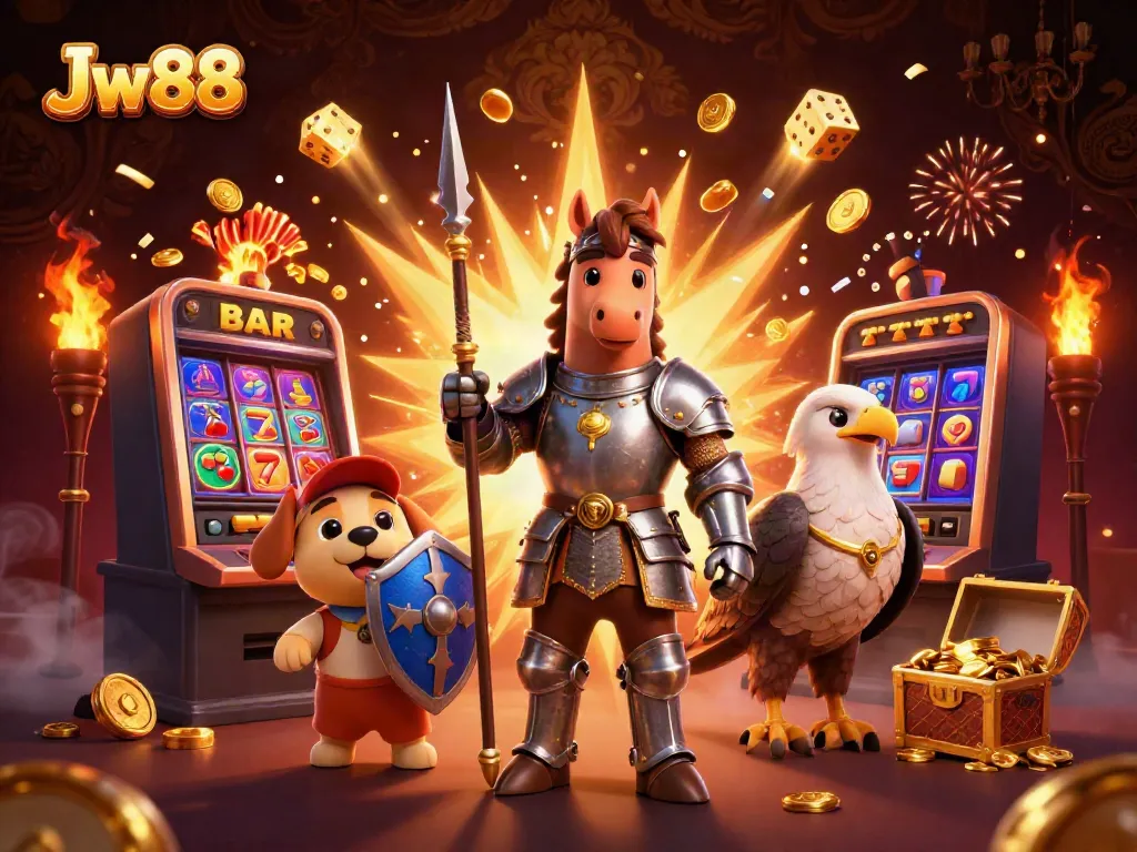 Experience the thrill of Jw88 with a vibrant 3D casino scene featuring knights and jackpots.