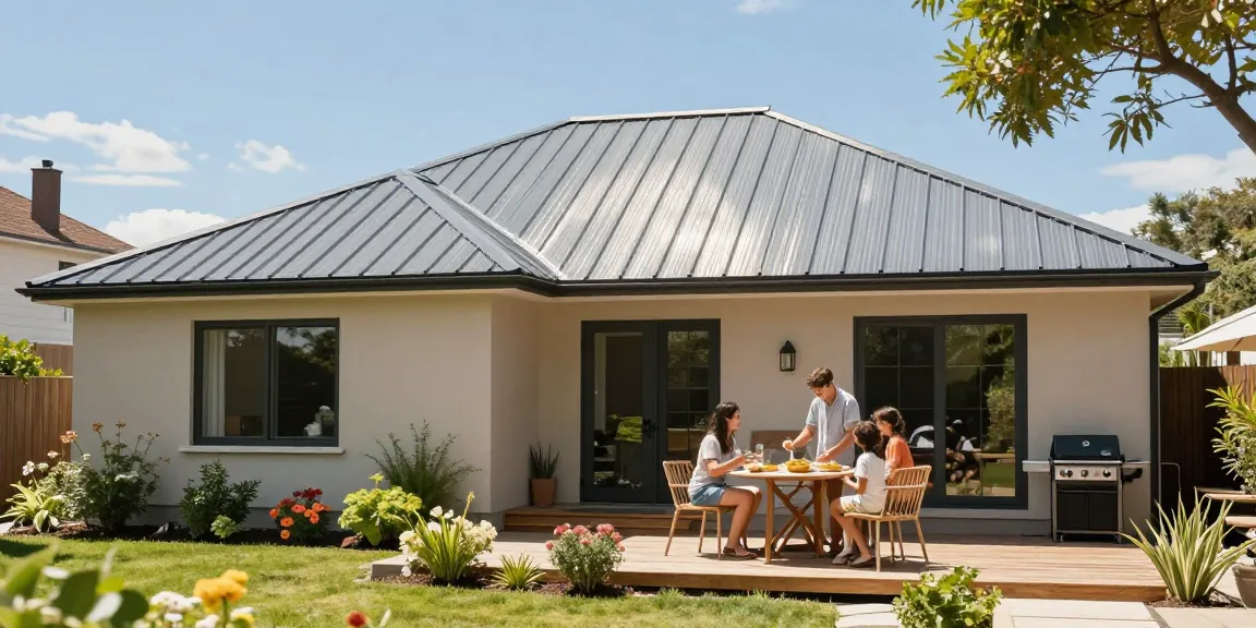 M Roof metal roofing featured on a family home with a sunny garden setting.