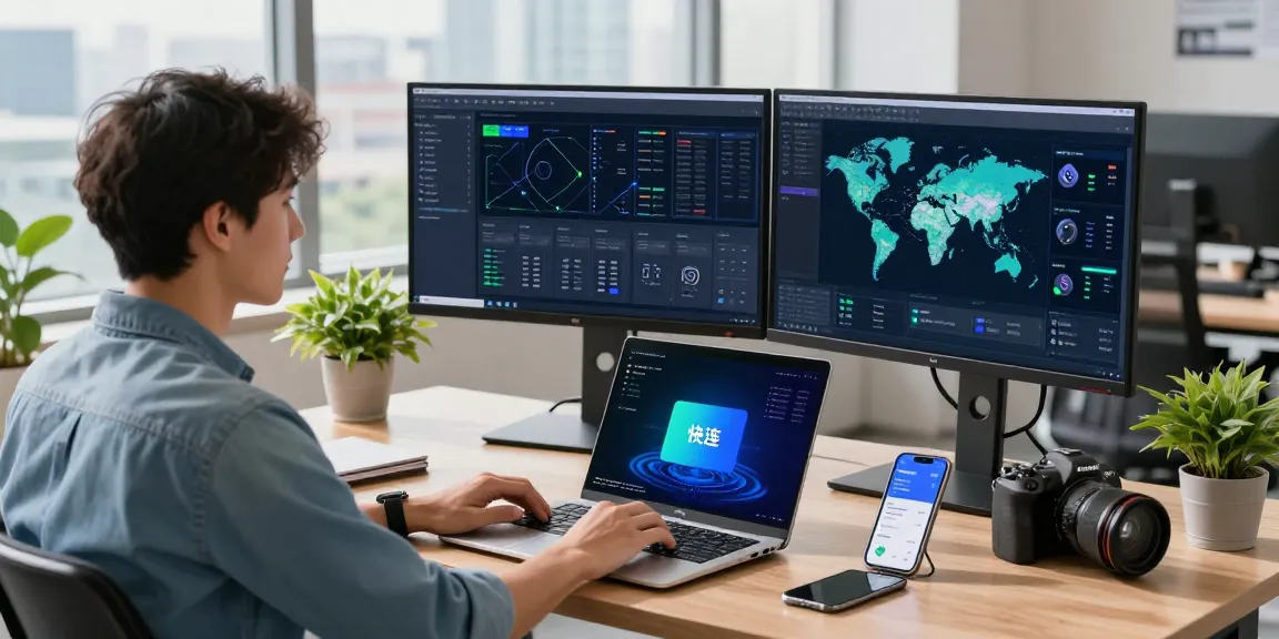 Developer optimizing the 快连 network application in a bright tech workspace, showcasing modern tools.