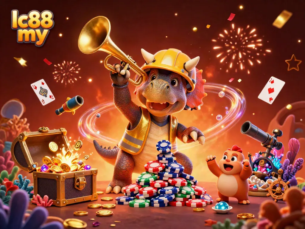 Cheerful scene featuring triceratops building poker chip pyramid at lc88 my online casino