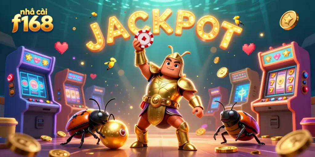 Experience the excitement of nhà cái f168 with dynamic characters celebrating a big win surrounded by casino elements.
