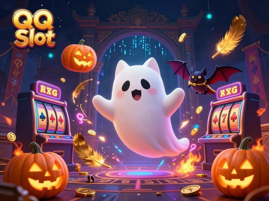 Experience QQ Slot action with a ghost cat and bat in a haunted casino scene.