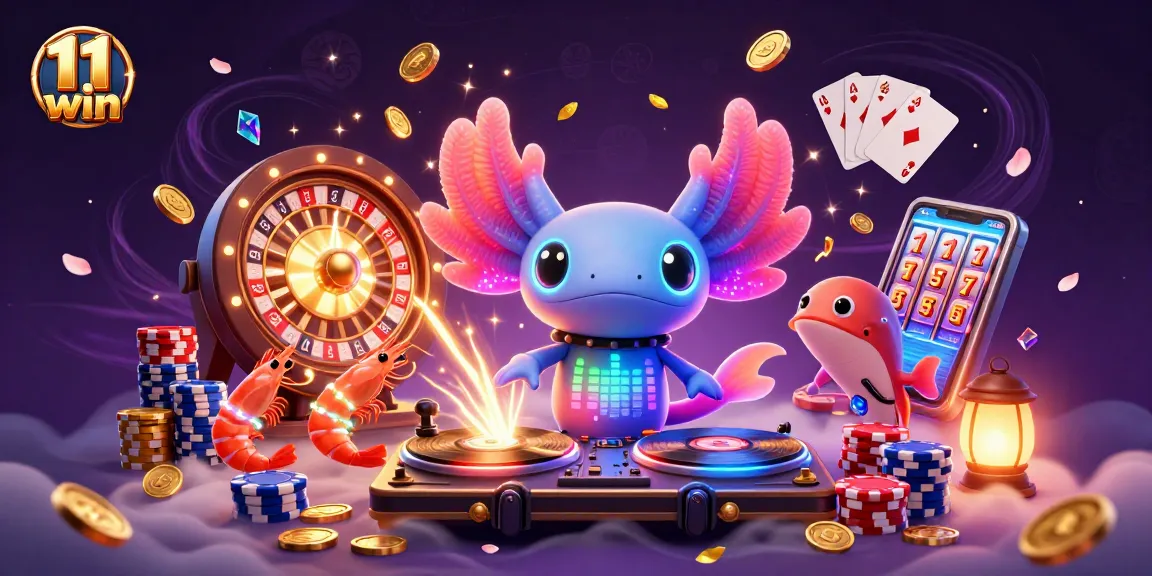 Experience the vibrant world of 11 win as a DJ axolotl spins records amid sparkling gems and dynamic casino elements.