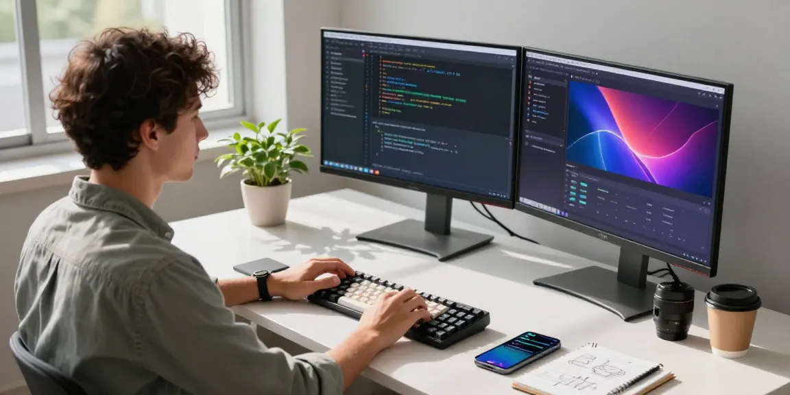 Telegram download demonstrated on a developer's dual monitor setup in a modern workspace.