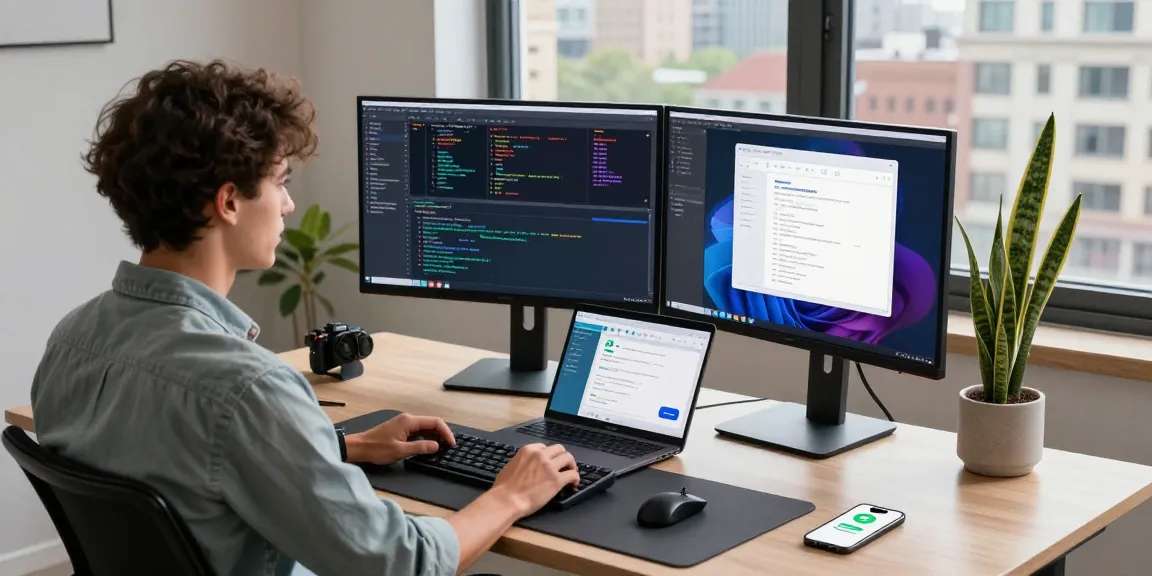 快连 software development environment with a developer at a modern desk, dual monitors displaying code.