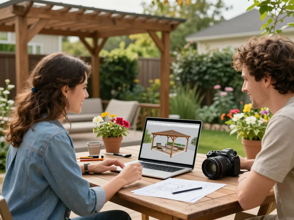 Couple using Pergola Configurator Software on a laptop in their garden, visualizing their custom pergola.