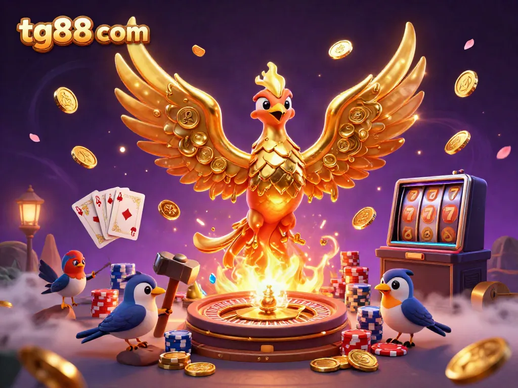 Experience thrilling wins at tg88 com with golden phoenix and dynamic gaming elements in a vibrant 3D illustration.